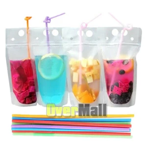 Drink Pouches Bags Reusable Juice Smoothie Stand Up Zipper Seal Bags with Straws - Picture 1 of 12