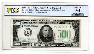 Fr. 2201-Ddgs Dark Green (DA Block) 1934 Cleveland PCGS Banknote AU 53 - Image 1 of 2