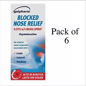 6 X Galpharm Blocked Nose Relief Nasal Spray 0.05% w/v Colds Catarrh | 15ml - Picture 1 of 1