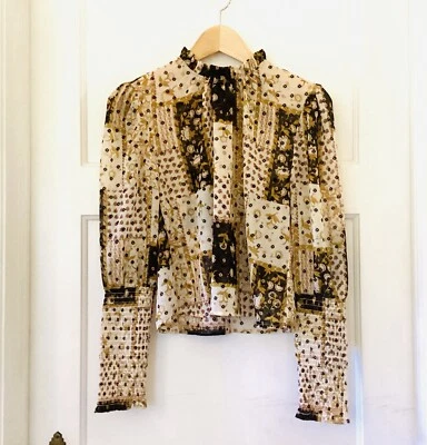 BB Dakota Steve Madden Sheer Blouse Mix Print Pesant Victorian Size S Ruched - Image 1 of 4