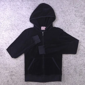 Juicy Couture Veloursjacke Damen klein Kapuze schwarz durchgehender Reißverschluss Taschen hergestellt in den USA - Bild 1 von 9