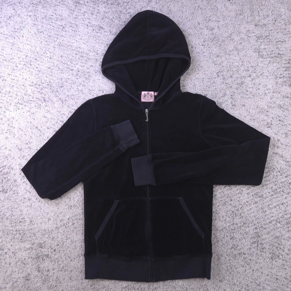 Juicy Couture Velour Jacket Womens Small Hooded Black Full Zip Pockets USA Made - Image 1 of 4