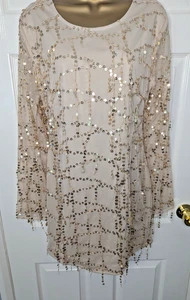 Elegant Nude Sequin Dress Sheer Mesh Overlay Long Sleeve Backless Party Wear 16 - Picture 1 of 7