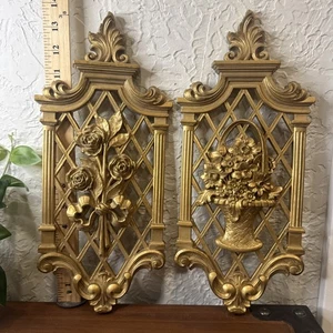Syroco Gold Wall Art Plaques 2PC Ornate MCM Hollywood Regency VTG Floral 1971 - Picture 1 of 9