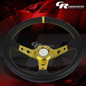 BLACK TRI-SPOKE PVC LEATHER 6-BOLT ALUMINUM RACING STEERING WHEEL GOLD TRIM - Picture 1 of 5