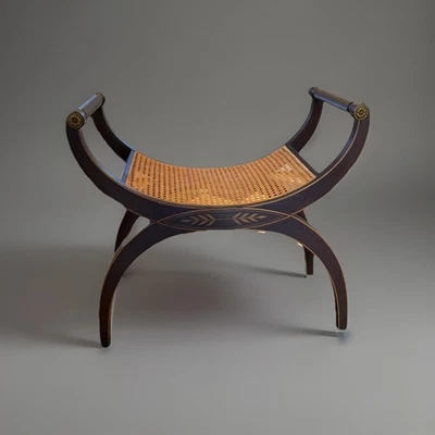 Vintage Regency-Style Mahogany Caned Curule Bench with Brass Hardware - Image 1 of 4