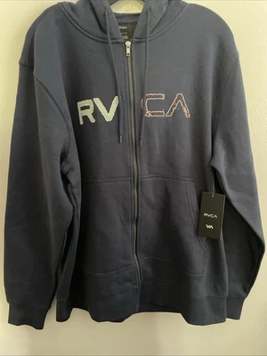New RVCA Long Sleeve Sweatshirt Zip Up Jacket Hoodie Stitched Logo Size L Blue - Image 1 of 4