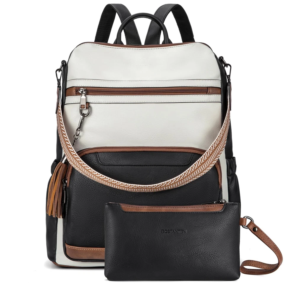 BOSTANTEN 皮革笔记本电脑背包女式设计师旅行背包带翻领... — 第 1/4 张图片