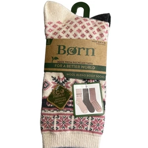 Born Outdoor 3 Pack Wool Blend Crew Boot Socks Pink Fair Isle/Grey Solid/Striped - Picture 1 of 4