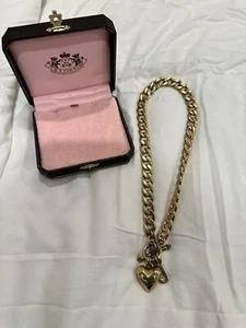 Vintage Juicy Couture Banner Puffy Heart Link Gold Tone Necklace - Picture 1 of 10