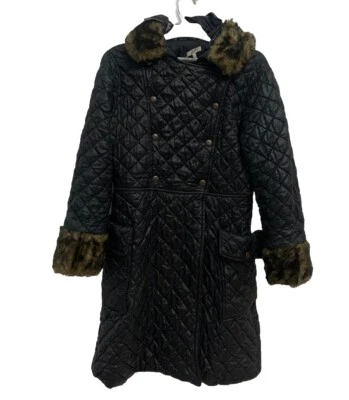 Junior Gaultier 16A ( S ) Black Quilted Coat Faux Fur Trim Double Breasted  - Image 1 of 4