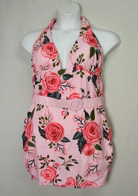 New Retro Stage Pink Rose Floral One Piece Skirted Swimsuit Belted Swim Dress 2X - Image 1 of 4