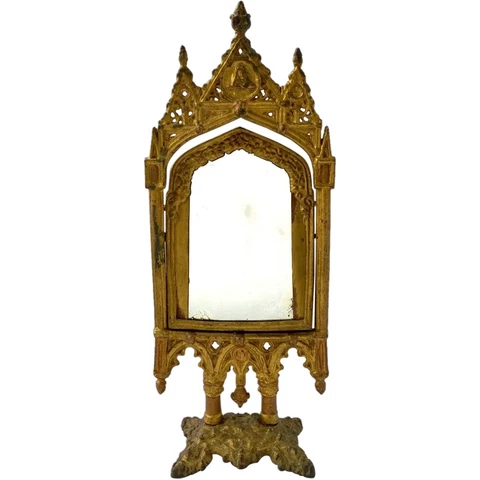 Antique English Gothic Revival Gold Painted Cast Iron Dresser Mirror c. 1840 Cover