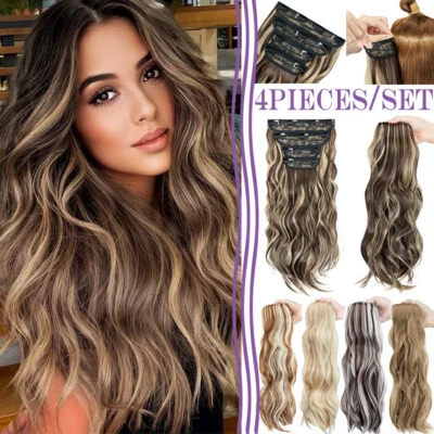 4Pcs/Set Thick Clip In Long Hair Extensions Full Head Curly Hightlight as Human - Image 1 of 4