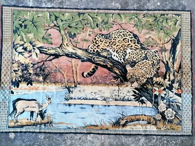 ANCIENNE TAPISSERIE MURALE TENTURE  LÉOPARD ART DECO TAPIS VINTAGE 1,85/1,20m - Photo 1/3