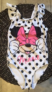 H&M Girls Disney Minnie Mouse One Piece Ruffled Swimsuit Pink Size 4-6 Polka Dot - Picture 1 of 9