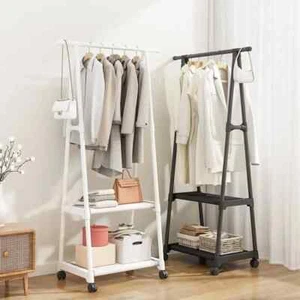 Standing Coat Rack Triangle Hanging Clothes Storage Racks Shelf Solid Wheels Hat - Picture 1 of 48
