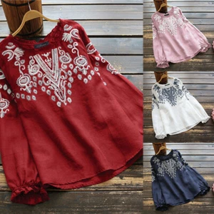 ZANZEA Womens Floral Embroidered T Shirt Long Sleeve Casual Oversized Hippie Tee - Picture 1 of 15