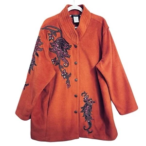 BOB MACKIE WEARABLE ART Burnt Orange Fleece Embroidered Jacket Coat Size 3X - Picture 1 of 13