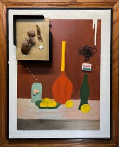 THE SEAM or WHAT THEY WERE THINKING Surreal Vase Fruit Collage Painting - Picture 1 of 16