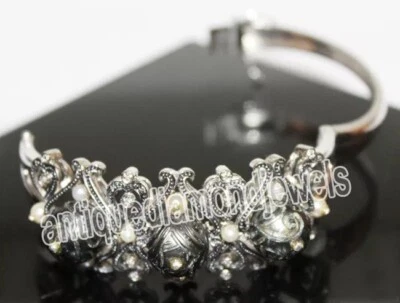 Brazalete de boda de perlas de plata 925 con diamantes talla rosa de 0,12 quilates Foto 1 de 4