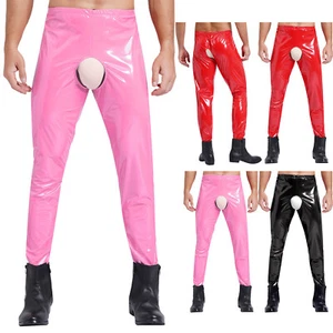 Men's Glossy Patent Leather Long Pants Open Crotch Underpants Night Clubwear - Picture 1 of 42