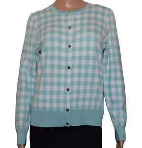 NWT DRAPER JAMES RSVP Gingham Turquoise White Cardigan Size S - Picture 1 of 8