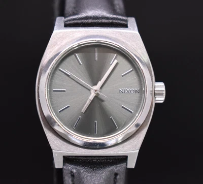 Vtg NIXON MINIMIZED Watch Women Silver Tone Black Leather NEW BATTERY & BAND - Image 1 of 4