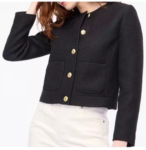 J. Crew Factory Tweed Crop Lady Jacket Long Sleeve Gold Buttons Black 10 NWT - Picture 1 of 6