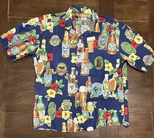 Hilo Hattie Hawaiian Shirt Adult Medium Blue Button Beer Drinks Beach Mens - Picture 1 of 3