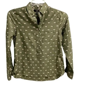 J. Crew Green Button Down Top Size 2 Terrier Dogs Print Silk Blend Shirt - Picture 1 of 3