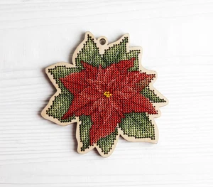 DIY Cross-stitch kit on Wood Poinsettia Flower Embroidery Craft Home Decor Gift - Picture 1 of 17