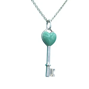 Tiffany & Co. Blue Enamel Heart Key Necklace Pendant 16" - Picture 1 of 9