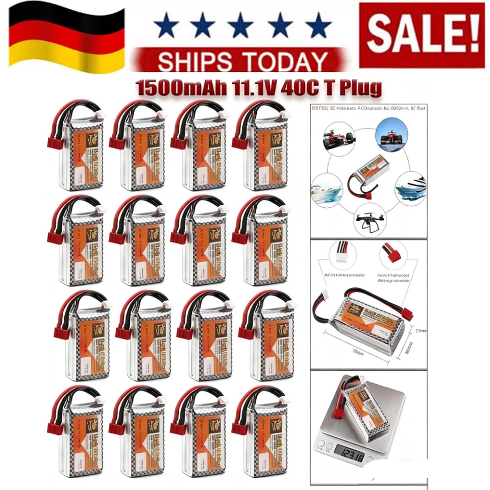3S 11,1V 1500mAh Aufladbare LiPo-Batterie 40C mit T-Stecker für RC-Auto Flugzeug - Bild 1 von 4