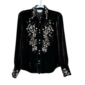 Votre Nom Vintage Bluse Damen S Seide Velour Knopfleiste Blumenstickerei Perlen - Bild 1 von 10