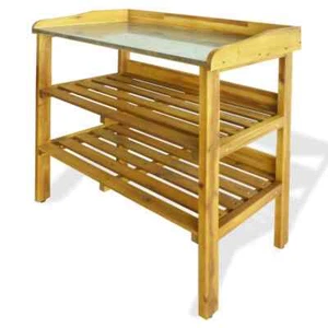 Potting Bench With Zinc Liner Wooden Garden Planting Table 2 Shelves Plant Stand - Picture 1 of 6