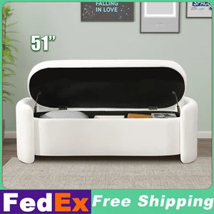 Teddy Velvet Long Storage Bench Ottoman Upholstered End of Bed Stool White - Picture 1 of 15