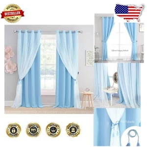 54 Inch Blackout Curtains - Double Layered Sky Blue with Grommet Top - Set of 2 - Picture 1 of 12