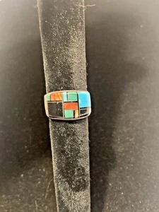 Estate Multi Gem Inlaid Mosaic Southwest Sterling Silver 925 Ring Size 7 Signed - Picture 1 of 8