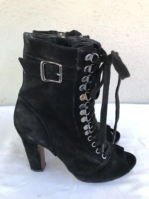 EUC Sam Edelman BELMONT US 7.5 Black Suede Lace Up Peep Toe Midcalf Boot Heel B - Image 1 of 4