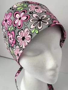 Pink Floral on Gray Lined Medical Scrub Cap Surgery Hat Chef Dental Veterinarian - Picture 1 of 4