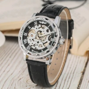 Winner Men Skeleton Hand-winding Mechanical Watch Crystal Dial Leather Bracelet - Picture 1 of 8