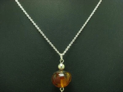 935 Argento Sterling Collana & 835 Argento Ciondolo Con Ambra Ricoperto / 36cm - Immagine 1 di 3