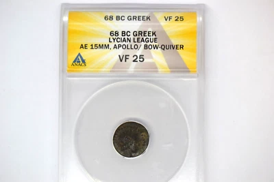 Ancient Greece: Lycian League AE 15 MM (68 BC) ANACS VF-25.   Apollo/Bow-Quiver - Image 1 of 4