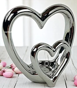 Silver Double Heart Tea Light Candle Holder Ornament Love Romance Home Decor - Picture 1 of 7