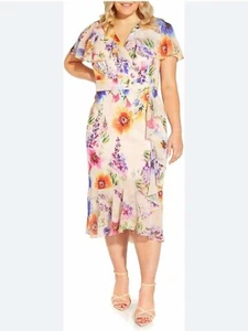 NWT ADRIANNA PAPELL Pink Floral Midi Faux Wrap Ruffle Dress 24W MSRP $179 Plus - Picture 1 of 7