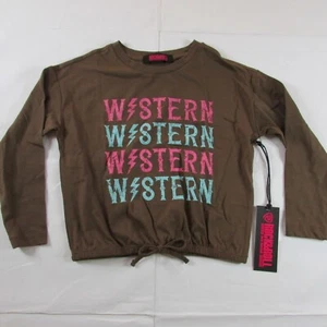 Rock & Roll Denim Girls Long Sleeve Western Graphic Tied Hemline Shirt Top Brown - Picture 1 of 2