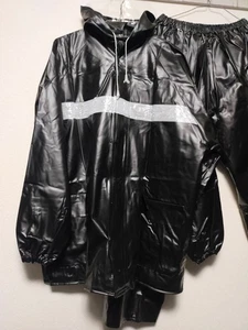 Black soft and thicker PVC vinyl rainsuits set hooded jacket pants rainwear - Picture 1 of 19