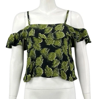 Superdry Top Mujer Pequeño Verde Selva Negro Hombro Frío Crop Tropical Playa Foto 1 de 4