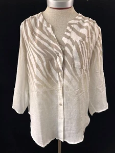 Blusa Fyve Top Talla PL 3/4 Manga Rollo Lengüeta Beige Rayas Cuello en V Petite L - Imagen 1 de 7